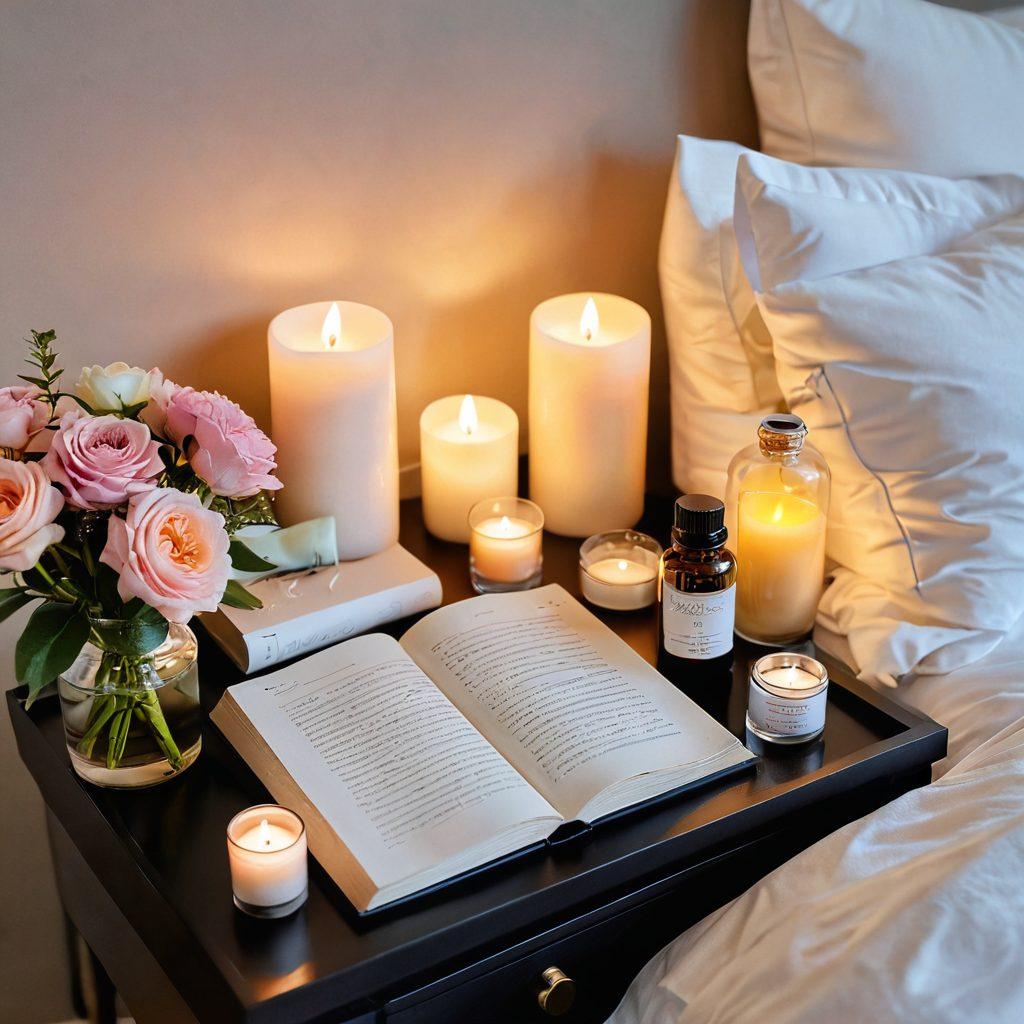 A serene bedroom scene, featuring a beautifully arranged bed with soft lighting, accompanied by candles and delicate flowers. On a bedside table, an open journal displays handwritten notes on sexual wellness, surrounded by calming essential oils and intimate items. A peaceful atmosphere exudes warmth and self-care, inviting exploration of erotic lifestyle. The color palette includes warm pastels and gentle lighting for a cozy vibe. super-realistic. vibrant colors. warm tones.