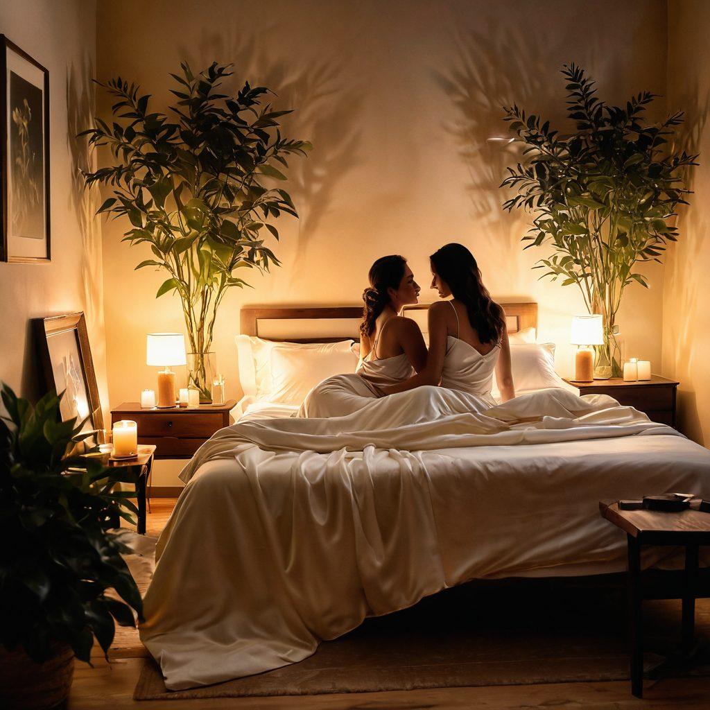 A serene and inviting bedroom with soft lighting, featuring luxurious silk sheets and candles flickering gently. Include delicate silhouettes of a couple intertwined, symbolizing intimacy and connection, surrounded by lush plants that exude a sense of tranquility. The atmosphere should feel warm and welcoming, encouraging exploration of sensuality and pleasure. painting. warm tones. soft focus.