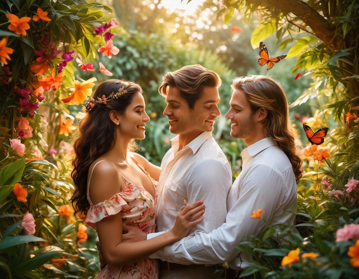 A captivating scene of a couple sharing a flirtatious moment in a lush, vibrant garden adorned with exotic flowers. The soft glow of golden hour sunlight bathes the scene, highlighting their playful expressions and intimate body language. Surround them with whimsical elements like fluttering butterflies and gently swaying foliage to evoke a sense of adventure and desire. romantic, enchanting atmosphere. super-realistic. vibrant colors.
